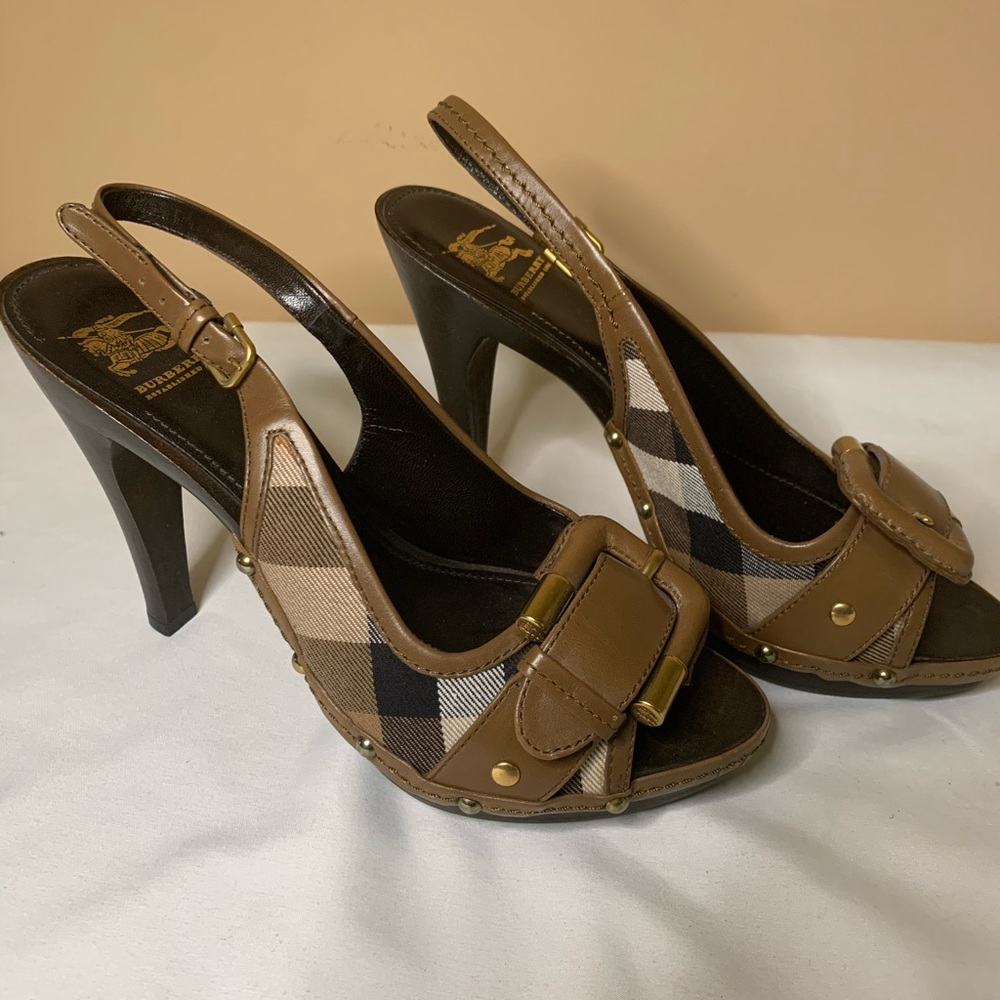 Burberry sling back open toe platform heels